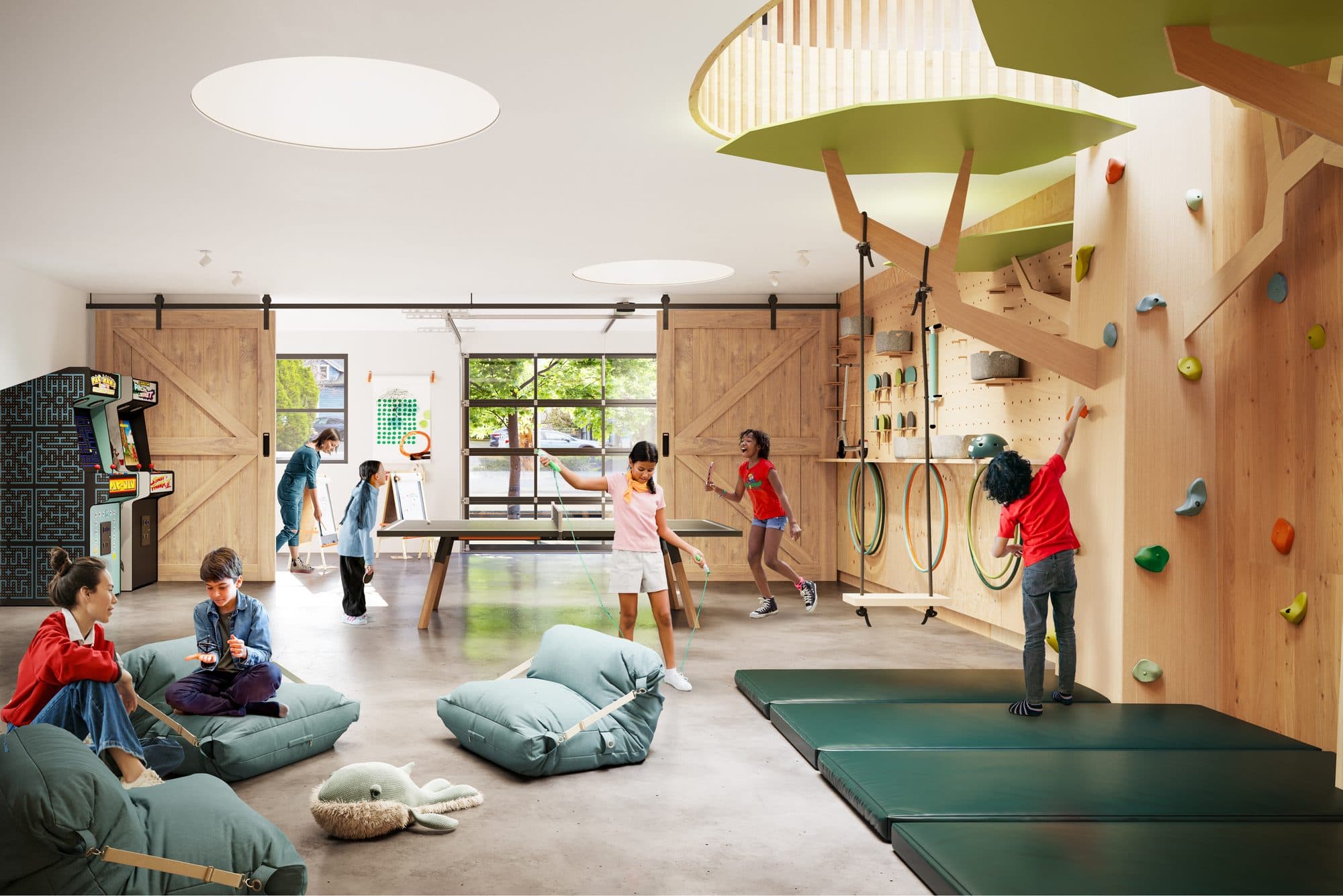 Visualisierung des Aktivitätsraums von The Loft mit Kletterwand und Spielen