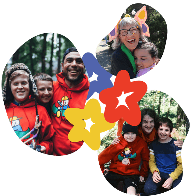 A collage of families and volunteers with colorful stars