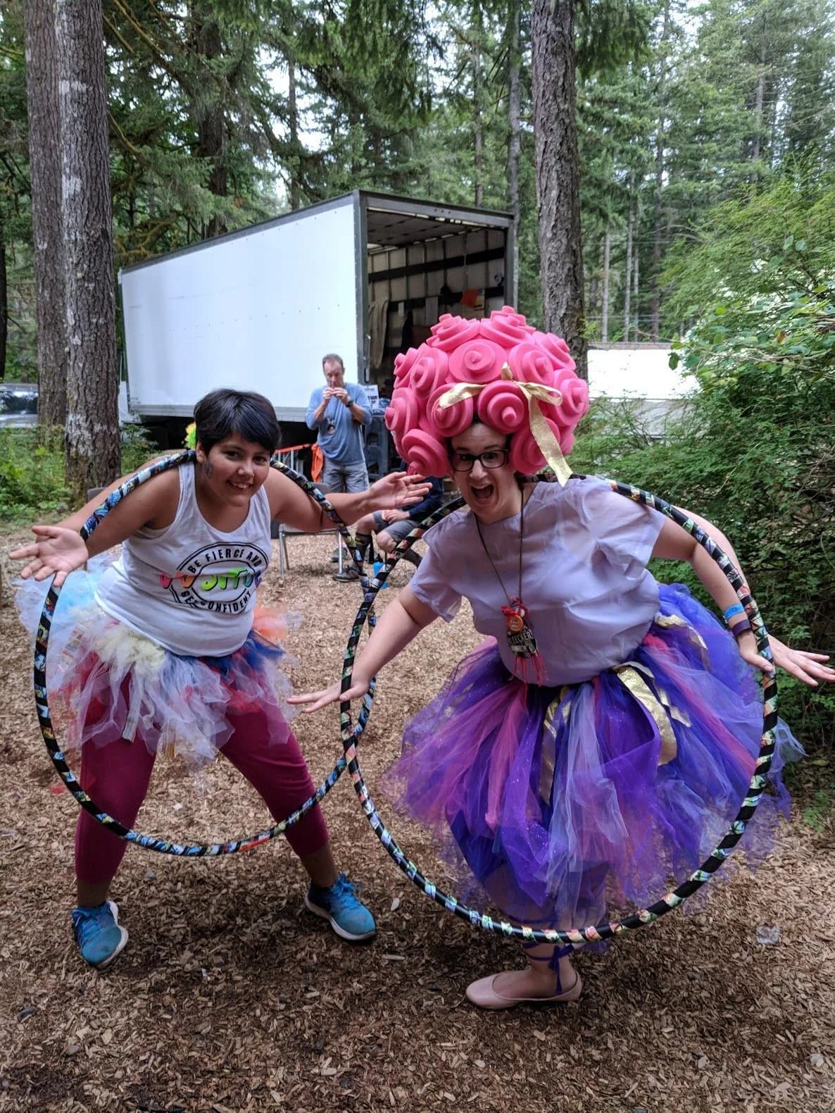 Bleeker and a camper in costumes at camp