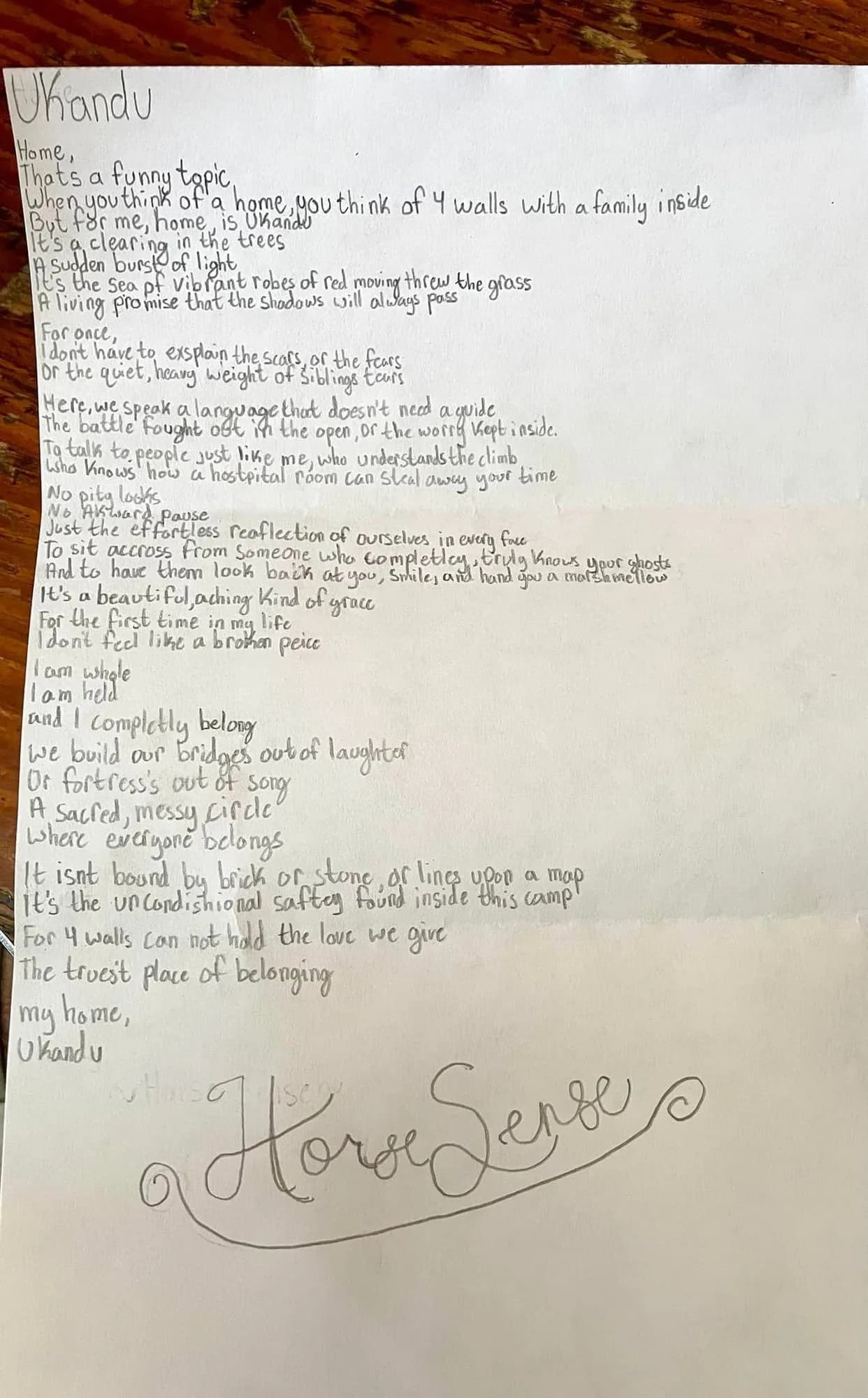 A poem written by a camper